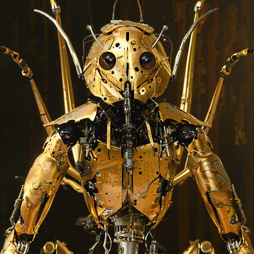 A digital artwork of a six-armed golden robot with a solemn metallic face.