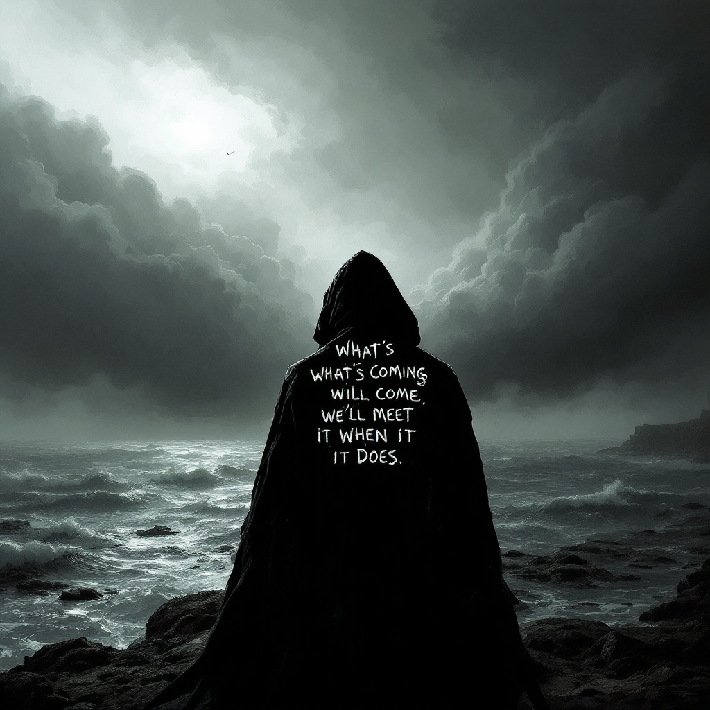 A cloaked figure stands by a stormy sea, gazing into the turbulent horizon, with the quote What’s coming will come, and we’ll meet it when it does emblazoned on their back.