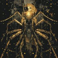 Illustration of a six-armed golden creature with a metallic, sad face, surrounded by floating golden particles.