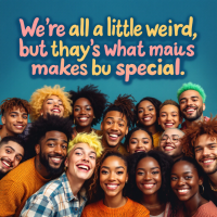 A diverse group of smiling individuals with vibrant hairstyles gathers together, surrounded by colorful text that reads, We’re all a little weird, but that’s what makes us special.