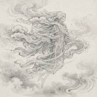 A ghostly human shape composed of flowing cloud-like gauze draped over a transparent skeletal frame, drifting through a swirling, cloudy sky.