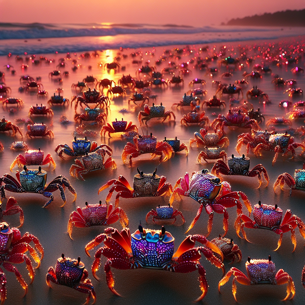 A beach at sunset teems with vibrant, sparkling jewelled crabs scuttling across the sand, inspired by the quote scintillating jewelled scuttling crabs.