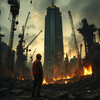 A construction worker stands amidst a scene of destruction, with cranes and a burning landscape in the background, embodying the quote about destroying to create anew.