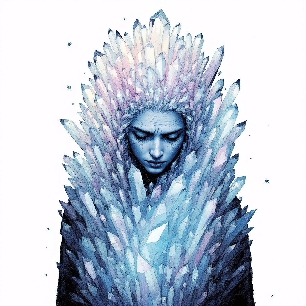 A figure shrouded in a crown of iridescent crystals, embodying inner struggles and resilience, with a somber expression that reflects the complexity of battling oneself.