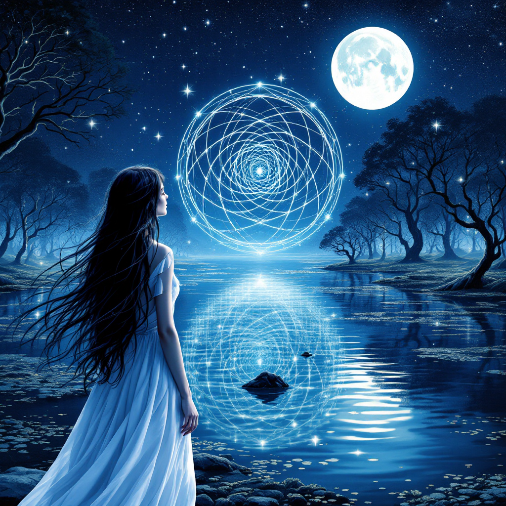 A serene woman in a flowing white dress stands by a tranquil moonlit lake, gazing at swirling patterns and a full moon, embodying the journey of learning to live well.