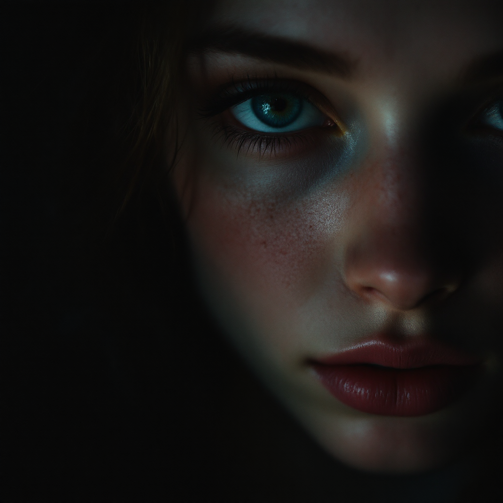 A close-up of a young woman's face, illuminated by soft light, revealing striking blue eyes and delicate freckles, conveying an intense and contemplative emotion.