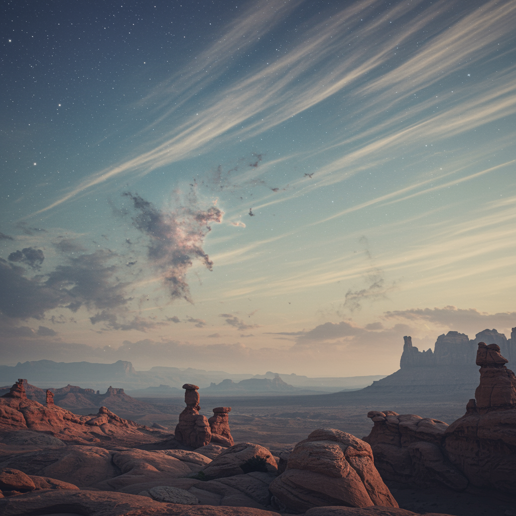 A vast landscape under a starlit sky, featuring dramatic rock formations and clouds, illustrating the passage of time and the aging of nature. Soft colors create a serene, timeless atmosphere.