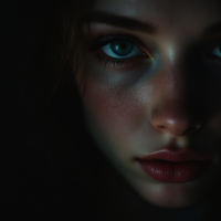 A close-up of a young woman's face, illuminated by soft light, revealing striking blue eyes and delicate freckles, conveying an intense and contemplative emotion.