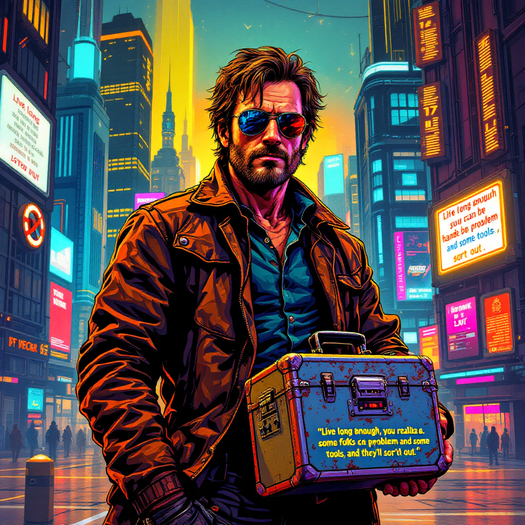 A confident figure stands in a vibrant, neon-lit cityscape, holding a toolbox. The image embodies resilience, reflecting the quote about problem solvers in life.