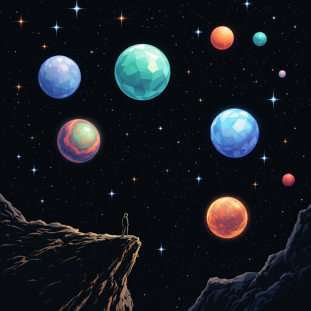 A solitary figure stands on a rocky ledge, gazing at vibrant, colorful planets floating amidst a starry universe, embodying the idea that there are no secrets, only unseen mysteries.