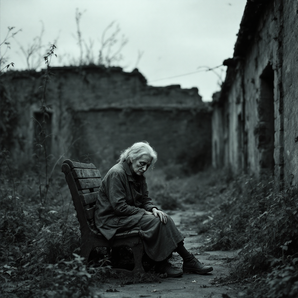 A solemn, elderly woman sits on a weathered chair in a desolate, overgrown space, embodying resilience amidst decay, reflecting the quote about survival.