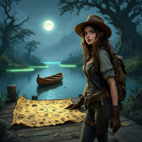 A treasure hunter stands by a moonlit lake, holding a weathered map, with a canoe nearby and mystical woods in the background, embodying the spirit of adventure and exploration.