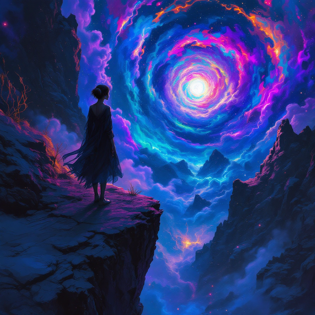 A figure stands on a rocky ledge, gazing at a swirling, vibrant vortex of colors in the sky, evoking the quote, There’s no going back once you’ve crossed over. Mystical and surreal.