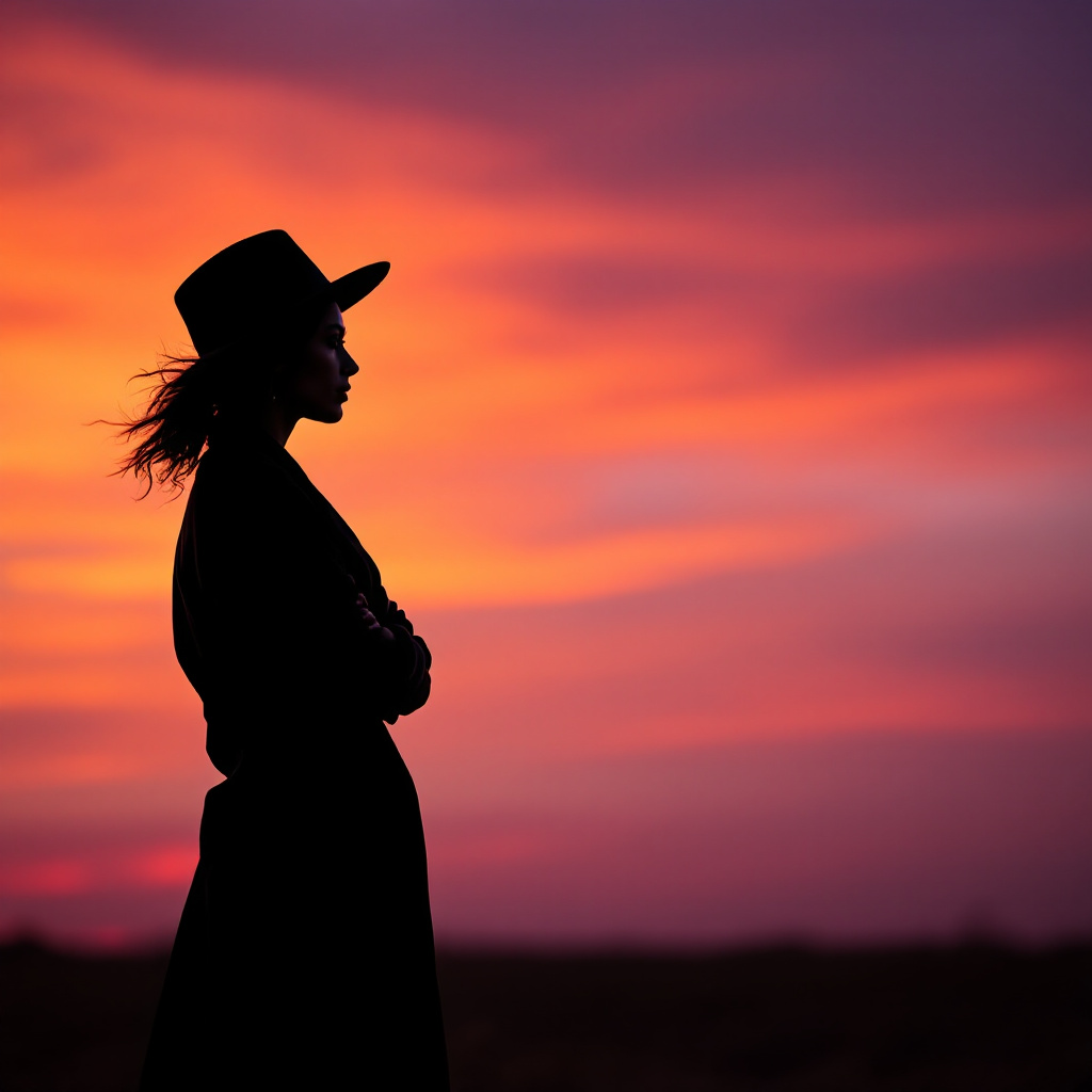 A silhouetted figure wearing a wide-brimmed hat stands with arms crossed against a vibrant sunset sky, embodying strength and introspection, reflecting on the nature of luck.