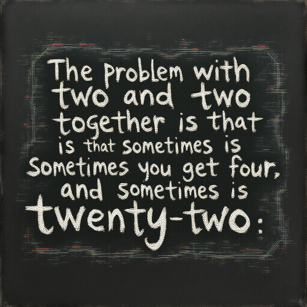 A chalkboard-style image featuring the quote, “The problem with two and two together is that sometimes you get four, and sometimes you get twenty-two.” The text is handwritten in a playful font.