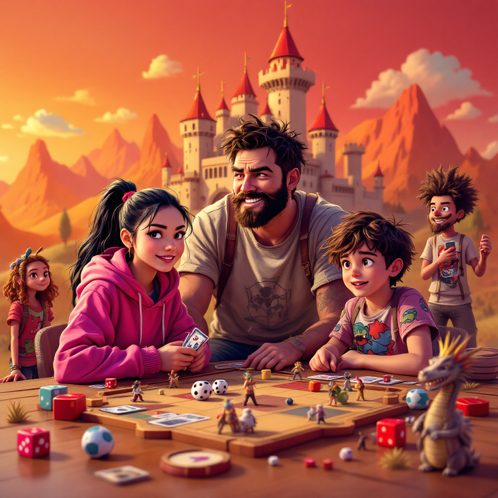 A warm scene of friends and family gathered around a game board, focusing on strategy and fun, with a castle backdrop symbolizing adventure. A reminder that a game thrives on its players.