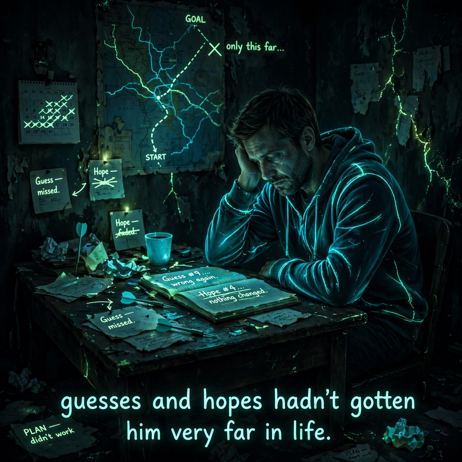 A man sits at a cluttered desk, illuminated by screens and notes filled with maps and equations, reflecting deep frustration beneath the glowing phrase, guesses and hopes hadn’t gotten him very far in life.