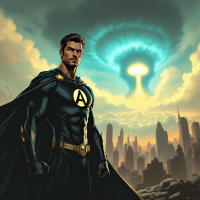 A heroic figure in a black cape stands confidently against a post-apocalyptic skyline, symbolizing courage in the face of fear, with a massive explosion lighting the background.