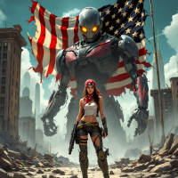 A powerful woman stands confidently in a desolate urban landscape, armed with a gun, while a towering robot with glowing eyes looms behind her, surrounded by tattered American flags.