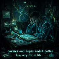 A man sits at a cluttered desk, illuminated by screens and notes filled with maps and equations, reflecting deep frustration beneath the glowing phrase, guesses and hopes hadn’t gotten him very far in life.