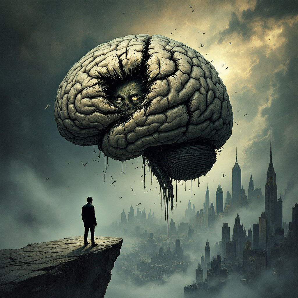 A figure stands on a cliff, gazing up at a giant, surreal brain hovering above a cityscape, symbolizing the tension between human logic and the mysteries of the universe.