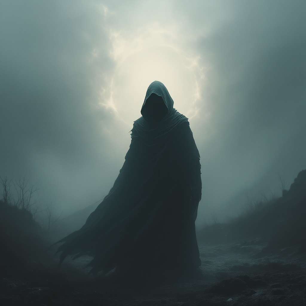 A shadowy figure in a flowing cloak stands amidst a foggy landscape, illuminated by a glowing halo behind, embodying the quote, What’s coming will come, and we’ll meet it when it does.