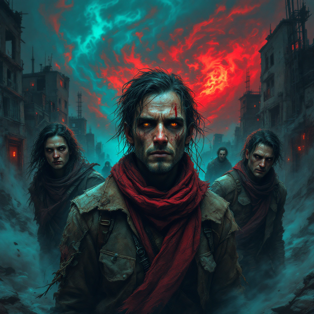 A group of three people with scarred faces and intense expressions stands against a post-apocalyptic backdrop, evoking themes of exile and the weight of choices and circumstances.