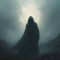 A shadowy figure in a flowing cloak stands amidst a foggy landscape, illuminated by a glowing halo behind, embodying the quote, What’s coming will come, and we’ll meet it when it does.