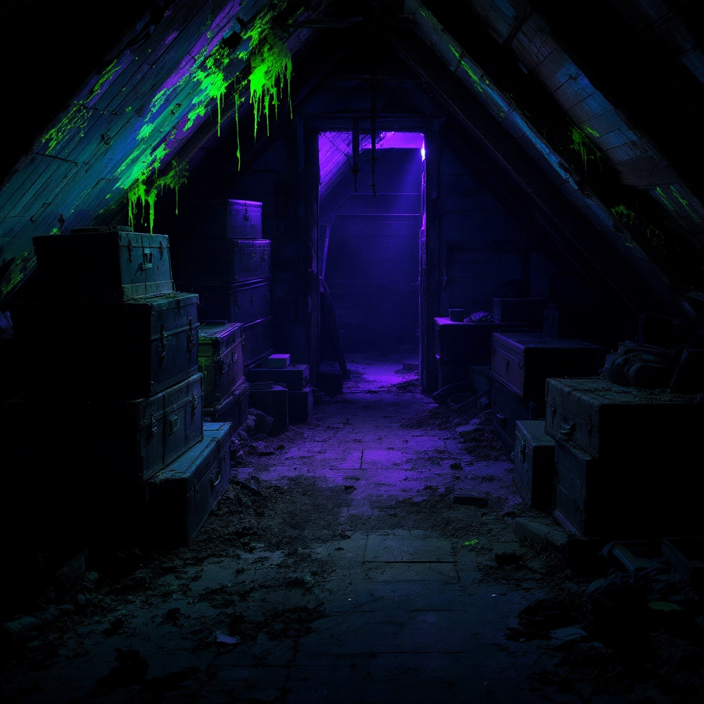 A dimly lit attic filled with dusty crates and cobwebs, illuminated by eerie purple and green light, symbolizes the hidden trauma passed through generations.