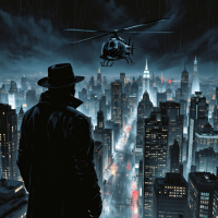 A shadowy figure in a trench coat gazes over a rainy, illuminated cityscape, as a helicopter hovers overhead, embodying the theme of crime's inescapable flaws.