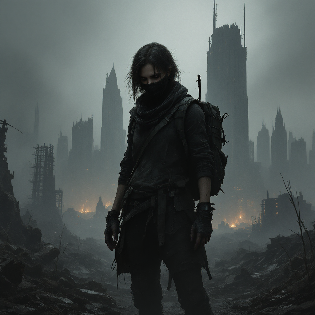 A resilient figure stands in a desolate cityscape, shrouded in mist and ruin, embodying the spirit of endurance against calamity as echoed in the quote, You are not the one who brings the calamity.