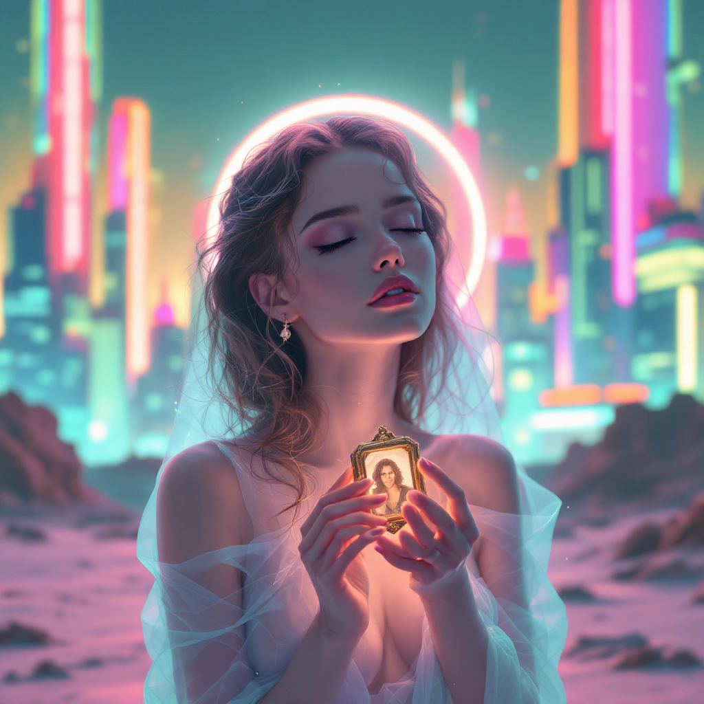 A serene woman in ethereal attire holds a small portrait, her eyes closed in contemplation, against a vibrant, futuristic cityscape illuminated by neon lights.