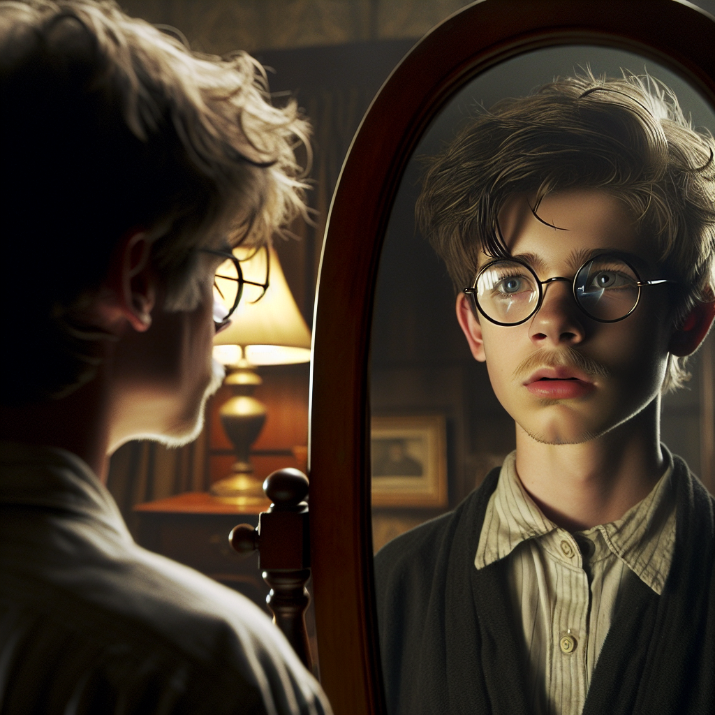 A young boy with messy hair and glasses stands in front of a mirror, reflecting the quote: You truly are your father's son, Harry. The room is dimly lit with a lamp and framed pictures in the background.