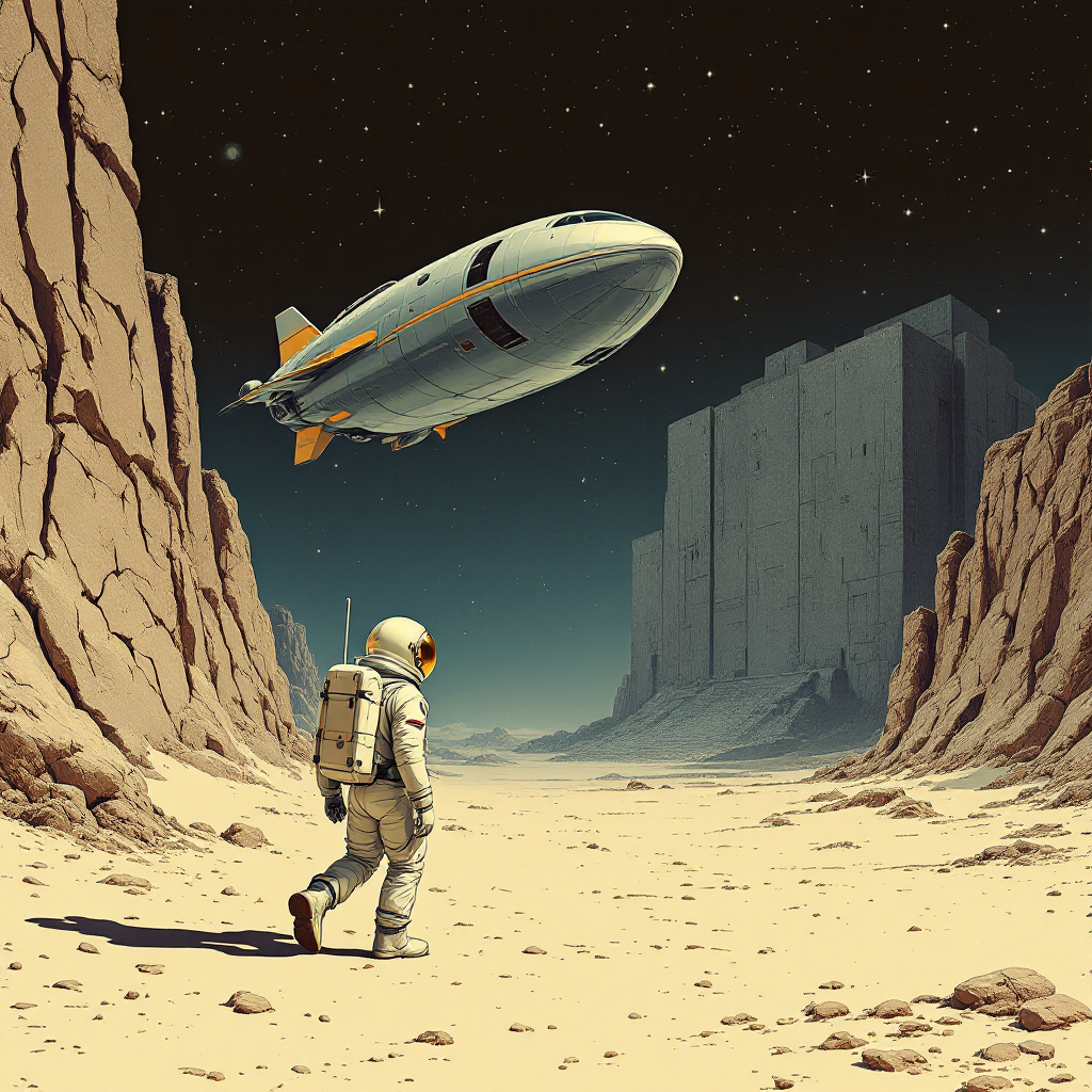 An astronaut walks through a barren landscape, gazing up at a futuristic zeppelin soaring above imposing, angular structures, symbolizing the contrast between wants and needs.