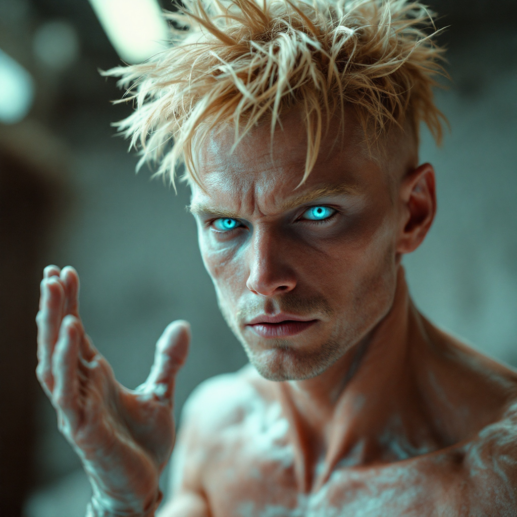 A humanoid figure with tousled fair hair and striking blue eyes, featuring an extra head and a third arm, gazes intensely while raising a hand, exuding an unshaven, rugged appearance.