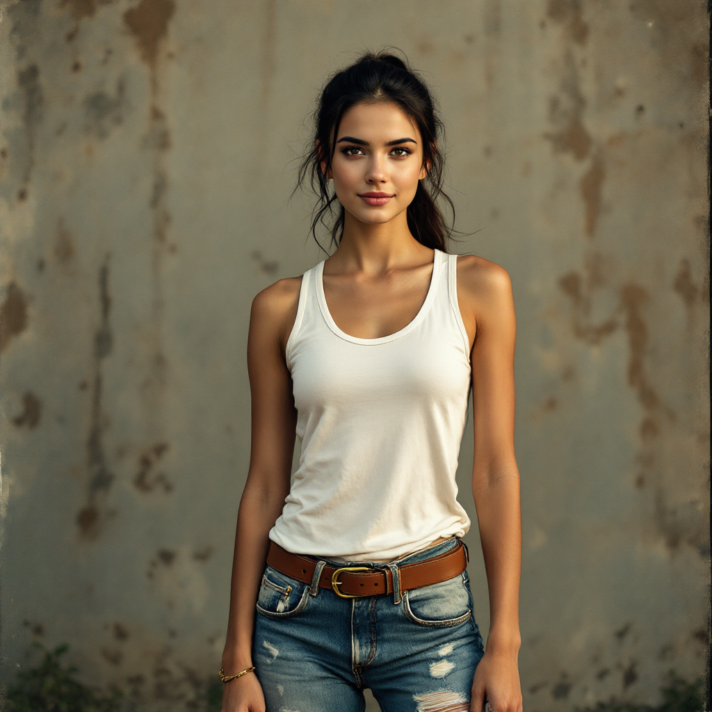 A confident young woman stands in front of a weathered wall, wearing a white tank top and distressed jeans, embodying the spirit of bravery highlighted in the quote.