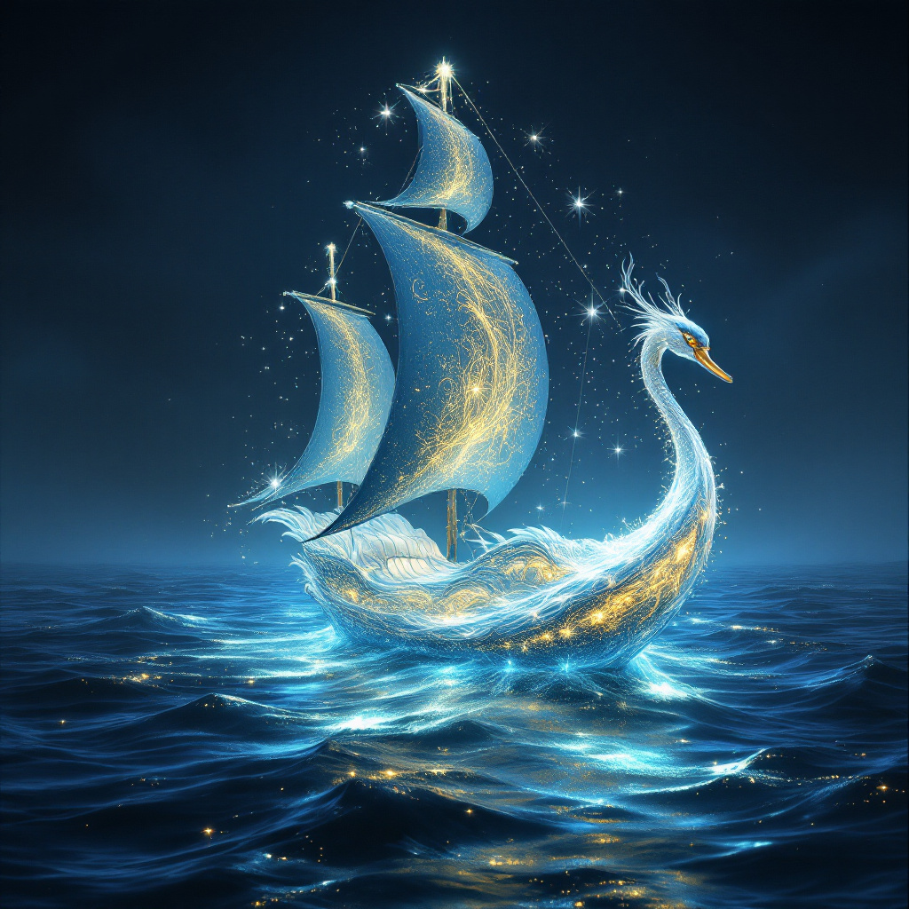 A shimmering ship shaped like a swan glides over a tranquil ocean, adorned with sails that sparkle under a night sky, embodying the essence of whispering dreams.