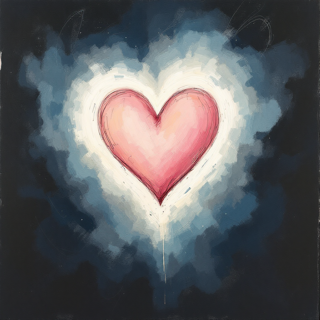 A vibrant pink heart radiates light against a dark, swirling backdrop, embodying the quote In a world of chaos, love can be our greatest weapon.