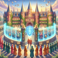 Students gather at the magical gates of Hogwarts, surrounded by glowing shields and faculty members. The castle stands majestically in the background, highlighting a scene of loyalty and assistance.