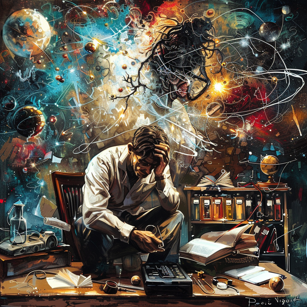 A scientist sits at a cluttered desk, surrounded by books and lab equipment, in a chaotic lab with swirling equations and cosmic elements, reflecting the breakdown of scientific method due to restricted information.