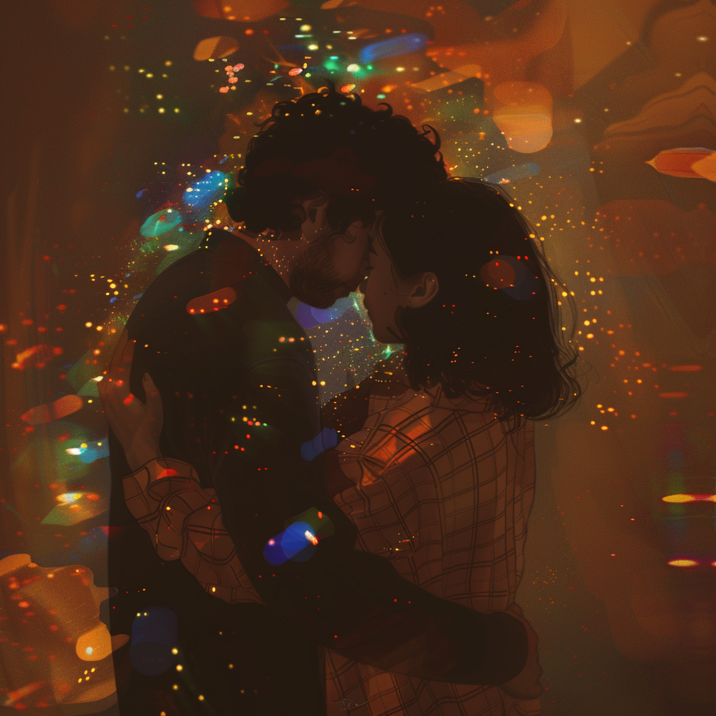 A couple embraces under a warm, glowing light, symbolizing comfort and gratitude, with multicolored sparks surrounding them, evoking the sentiment of missing and the longing to have kissed.