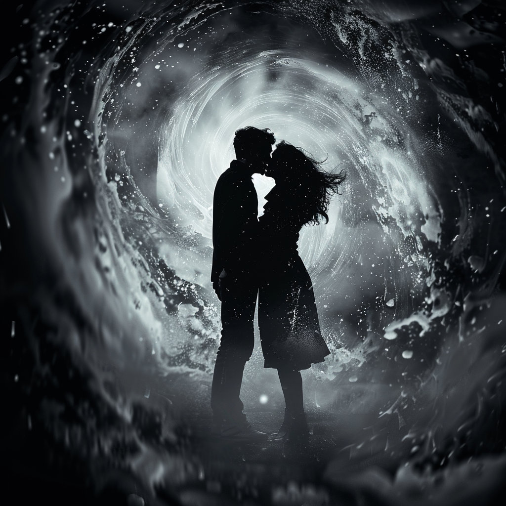 A silhouetted couple shares a kiss in the center of a swirling, dreamlike vortex, visually echoing themes of comfort, gratitude, and missed moments from the provided book quote.