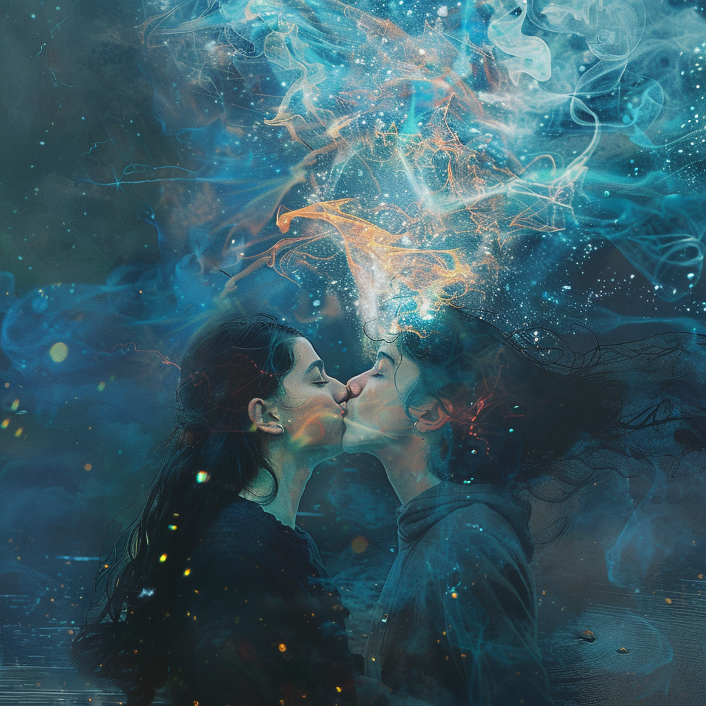 Two people share a kiss, surrounded by ethereal, colorful smoke, illustrating the quote's themes of comfort, guidance, and missed opportunities for affection.