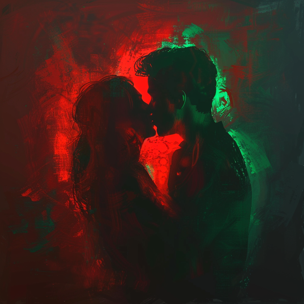 A couple shares an intimate moment, bathed in contrasting red and green light. This image was inspired by a heartfelt book quote expressing gratitude and regret over a missed kiss.