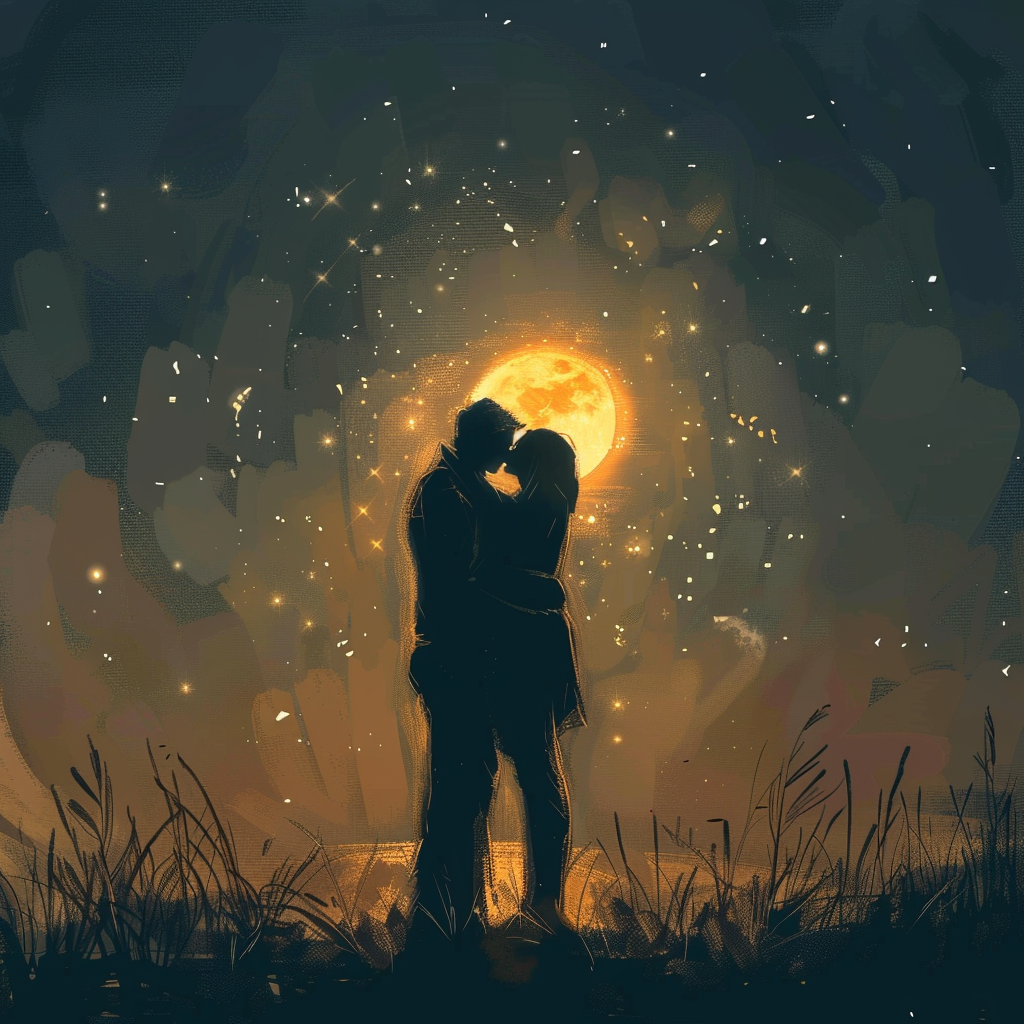 A couple shares a kiss under a glowing full moon, surrounded by sparkling stars in a serene night sky, evoking a sense of comfort and gratitude inspired by the provided heartfelt book quote.