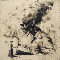 A skeletal scientist is surrounded by lab equipment, ominous smoke, and abstract scientific diagrams, symbolizing the collapse of scientific method due to restricted freedom of information.
