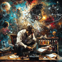A scientist sits at a cluttered desk, surrounded by books and lab equipment, in a chaotic lab with swirling equations and cosmic elements, reflecting the breakdown of scientific method due to restricted information.
