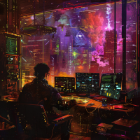 A person at a futuristic workstation with multiple screens, bathed in vibrant, chaotic colors reflecting a dystopian world where scientific method has failed due to suppressed freedom of information.