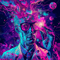 A psychedelic depiction of a scientist, with colorful, abstract energy waves and particles swirling around their head, reflecting the quote about the collapse of the scientific method due to restricted information.