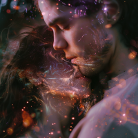 A dreamy illustration of two people embracing closely, evoking feelings of comfort and longing. Their faces are illuminated with ethereal, colorful lights, embodying a sense of deep connection.